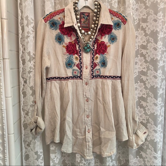 JOHNNY WAS * Floral Peacock Feather Collar Button Front Shirt - Picture 1 of 4